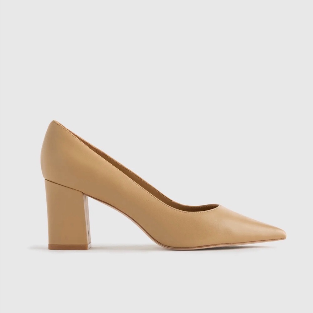 Quince Tan Block Heel Pointed Pumps